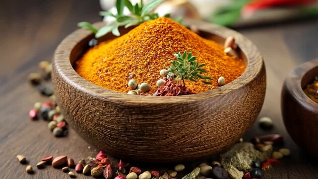 Wooden bowl filled with various colorful spices and herbs.