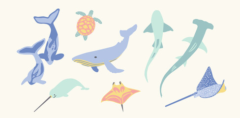 Pastel Sea Animals Vector Set – Cute Ocean Creatures Clipart with Whales, Sharks, Turtle, Narwhal, Stingray, Manta Ray – Minimalist Marine Life Illustration for Kids and Decor