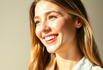 Naklejka premium Photorealistic portrait of a laughing young woman in sunlight