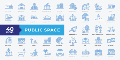 Public Space icon set with Post Office, Health Clinic, Hospital, Government Office, Tax Office, Police Station, Bus Station, Fire Station, Library, Public School, airport, bank and transportation