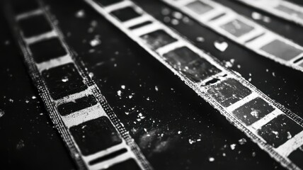 Obraz premium Realistic white film scratches on black background emulating vintage damaged film texture