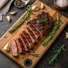 **Freshly grilled steak** sliced and arranged on a wooden cutting board with rosemary and garlic cloves, shot from above.