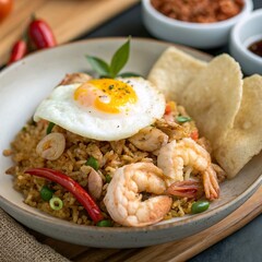 **Traditional Indonesian Nasi Goreng**, plated with a sunny-side-up egg, fried shallots, and shrimp crackers, garnished with fresh chili.