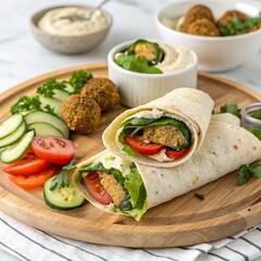 **Vegetarian falafel wraps** with hummus, fresh veggies, and tahini, neatly folded on a wooden serving platter.