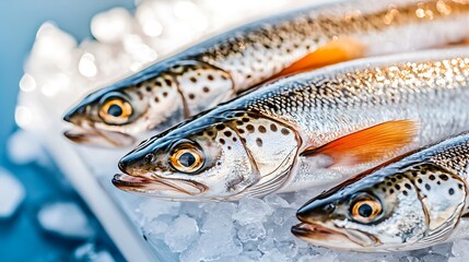 Freshly caught fish laid on ice Scales glisten in the light