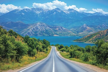Naklejka premium Asphalt road highway and lake with mountains natural landscape on a sunny day.