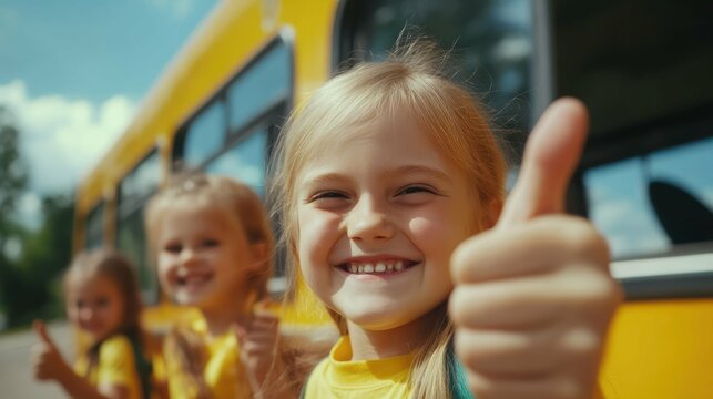 Smiling girl gives a thumbs up in front of a yellow school bus with friends.