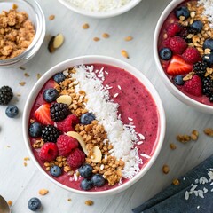 **Overhead shot of fresh smoothie bowls**, featuring vibrant berry smoothie, granola, and coconut flakes in contrasting colors.
