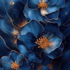 Obraz premium Blue Floral Abstract Design with Golden Accents on Dark Background