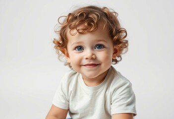 Naklejka premium Portrait of a 3-year-old boy with curly brown hair and bright blue eyes