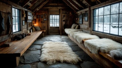 Rustic cabin interior with snow view offering cozy winter escape retreat