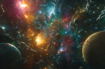 Obraz premium A vibrant cosmic scene filled with multicolored stars