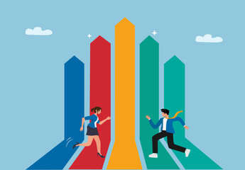 Business Team Running Towards Growth Success with Colorful Bar Chart