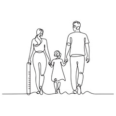 Happy family in continuous line art drawing style. Back view of parents with one child holding hands and walking together black linear sketch Ruler icon Vector Black silhouettes. with white background