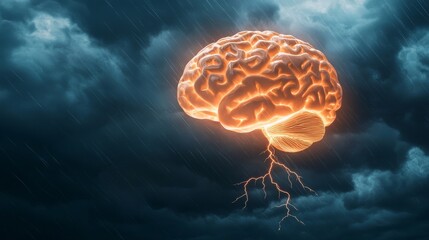 Obraz premium Symbolize of brain and thunderbolt. Illuminated brain amidst dark clouds and rain, symbolizing thoughts and ideas.