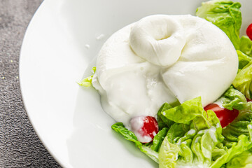 Salad burrata cheese buffalo milk cheese salad dish fresh gourmet food background on the table rustic food top view copy space keto and paleo diet vegetarian