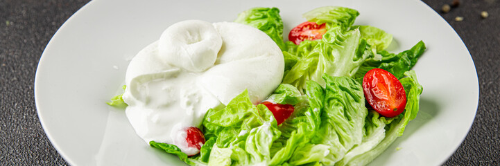 Salad burrata cheese buffalo milk cheese salad dish fresh gourmet food background on the table rustic food top view copy space keto and paleo diet vegetarian