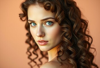 Natural light portrait of a female on warm pastel background