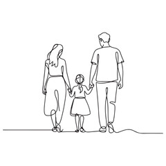 Happy family in continuous line art drawing style. Back view of parents with one child holding hands and walking together black linear sketch Ruler icon Vector Black silhouettes. with white background