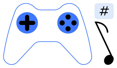 Gaming controller with blue accents, black music note, and metadata tag symbol representing creativity, entertainment, technology, collaboration, music, gaming culture, and a simple landing page