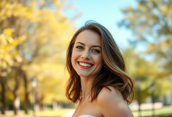 Naklejka premium Outdoor portrait of a smiling female with a blurred background