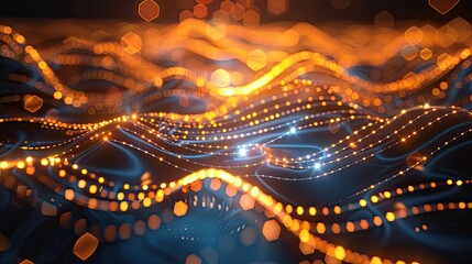 Abstract Technology Background with Interconnected Glowing Nodes, Lines, and Bokeh Circles,Abstract blue green technology background with a cyber network grid and connected particles