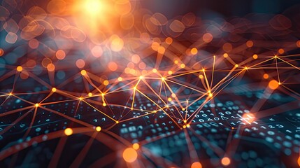 Abstract Technology Background with Interconnected Glowing Nodes, Lines, and Bokeh Circles,Abstract blue green technology background with a cyber network grid and connected particles