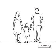 Happy family in continuous line art drawing style. Back view of parents with one child holding hands and walking together black linear sketch Ruler icon Vector Black silhouettes. with white background