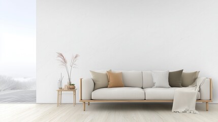 3D rendered minimal style living room interior with white walls, light gray sofa near window and wooden side table. Modern home decor concept with copy space for product display, mockup presentation, 