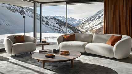 Fototapeta premium Modern Interior with Cozy Furniture and View of Snowy Mountains
