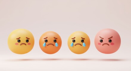 Naklejka premium Row of Spherical Sad and Angry Faces, Emotional Spectrum, 3D Render.
