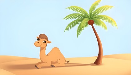 Cute Baby Camel Resting in Desert Near Palm Tree - Cartoon Illustration