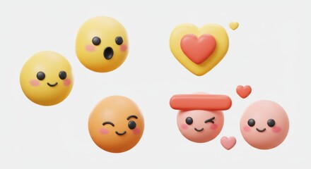 Naklejka premium Cute 3D Emoji Set: Yellow, Orange, and Pink Faces with Heart Emblems on White.