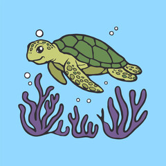 Cute Sea Turtle Swimming Cartoon Illustration