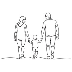 Happy family in continuous line art drawing style. Back view of parents with one child holding hands and walking together black linear sketch Ruler icon Vector Black silhouettes. with white background
