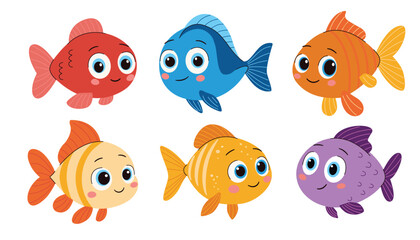 Fototapeta premium Cartoon colorful fish collection on white backdrop. Vector illustration design. Funny vector character.