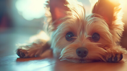 Naklejka premium Cute Yorkshire Terrier Puppy with Big Eyes Resting on Wooden Floor