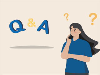 Q and A session, FAQ or frequently asked questions discussion data for answer or information to solve problem concept. Woman with curious face and question mark flat vector illustration design.
