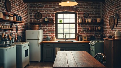 Rustic Charm Kitchen - Exposed Brick & Cozy Vintage Style