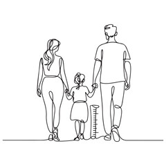 Happy family in continuous line art drawing style. Back view of parents with one child holding hands and walking together black linear sketch Ruler icon Vector Black silhouettes. with white background