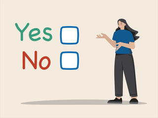 Yes or No checkbox for selection. Happy woman presenting or asking question for participants to choose the choice flat vector illustration design.