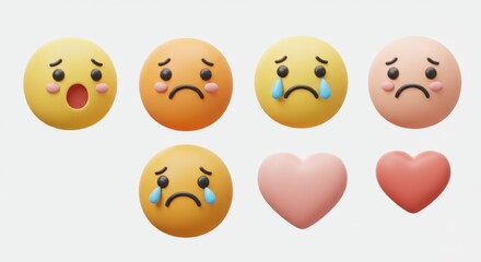 Fototapeta premium 3D Rendered Emoji Expressions: Sorrow, Shock, and Love on White.