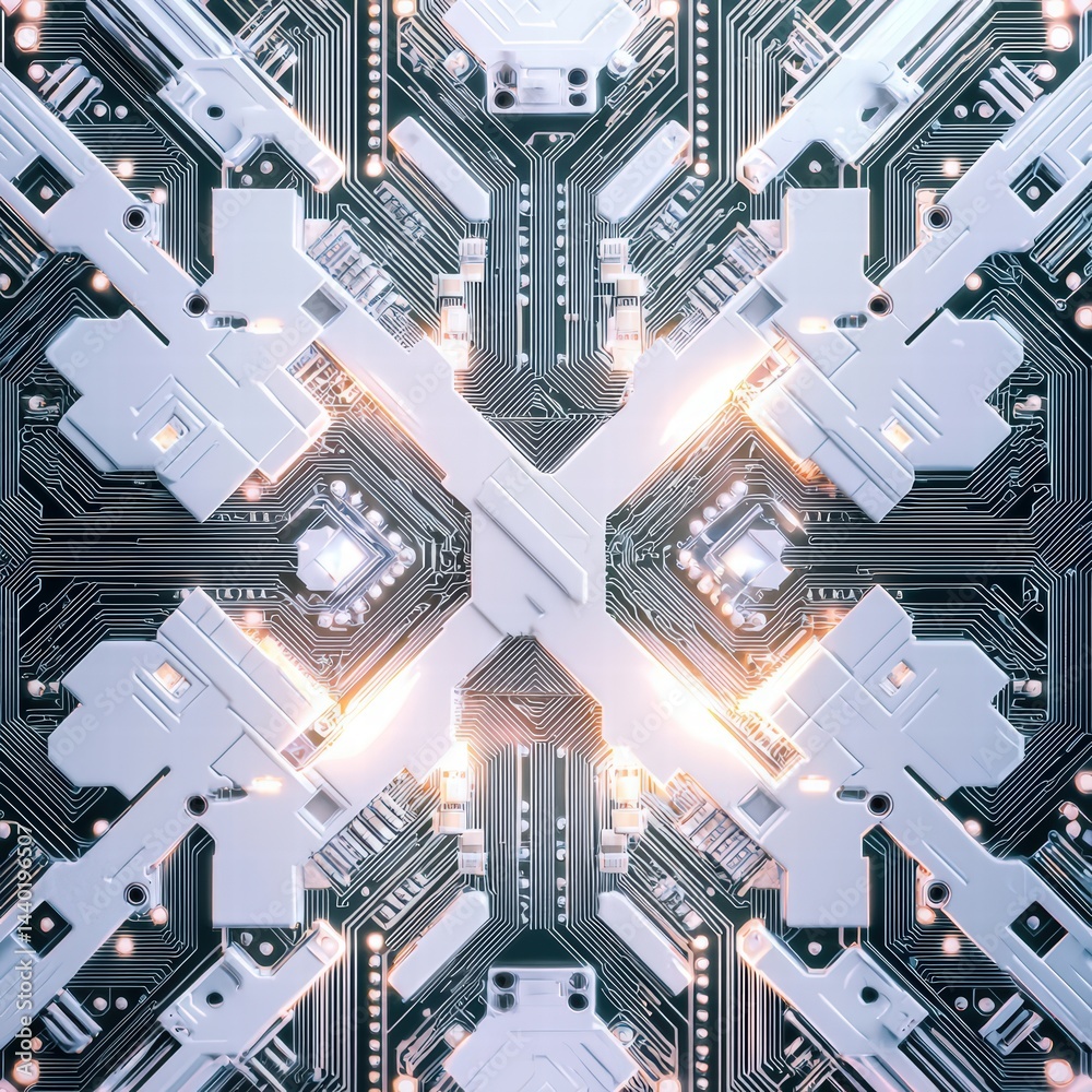 Poster high-tech computer circuit with illuminated pattern of light creating a futuristic atmosphere