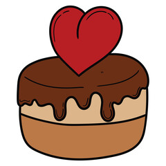 Hand drawn cartoon chocolate cake with heart on white background.