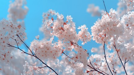 Cherry blossom petals floating in breeze under azure sky, serene spring park scene with blooming sakura trees and sunlight filtering through branches.
