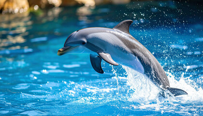 Obraz premium Cheerful dolphin breaking through crystal clear water surface, dynamic splash, marine environment