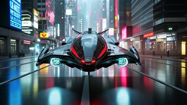 Futuristic hovercraft gliding through neon-lit city at night with sleek design and vibrant surroundings Generative AI