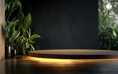Empty wooden podium, surrounded by greenery,  with warm lighting