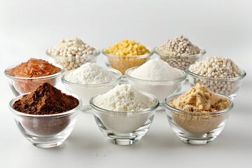 Variety of flours and powders in glass bowls including cocoa almond coconut