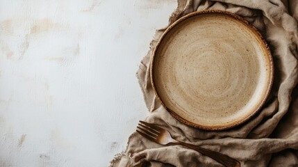 Rustic Beige Ceramic Plate with Fork on Linen Cloth Flat Lay Food Photography